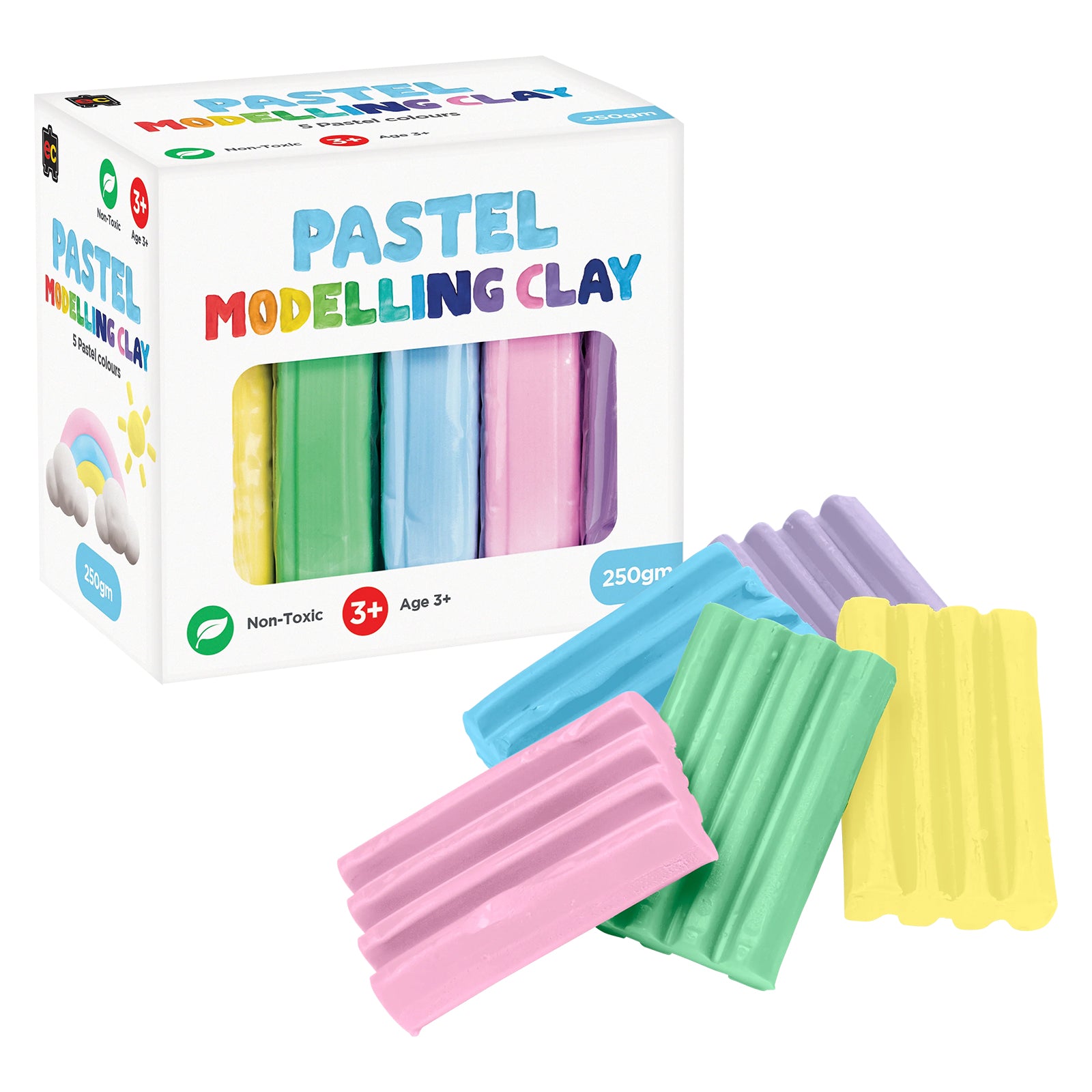 Educational Colours Pastel Modelling Clay boxed set displaying five soft pastel colours including pink, blue, green, yellow and lavender. Several clay pieces are positioned outside the packaging to showcase the smooth texture and calming pastel shades ideal for sensory activities, sculpting and creative classroom projects.