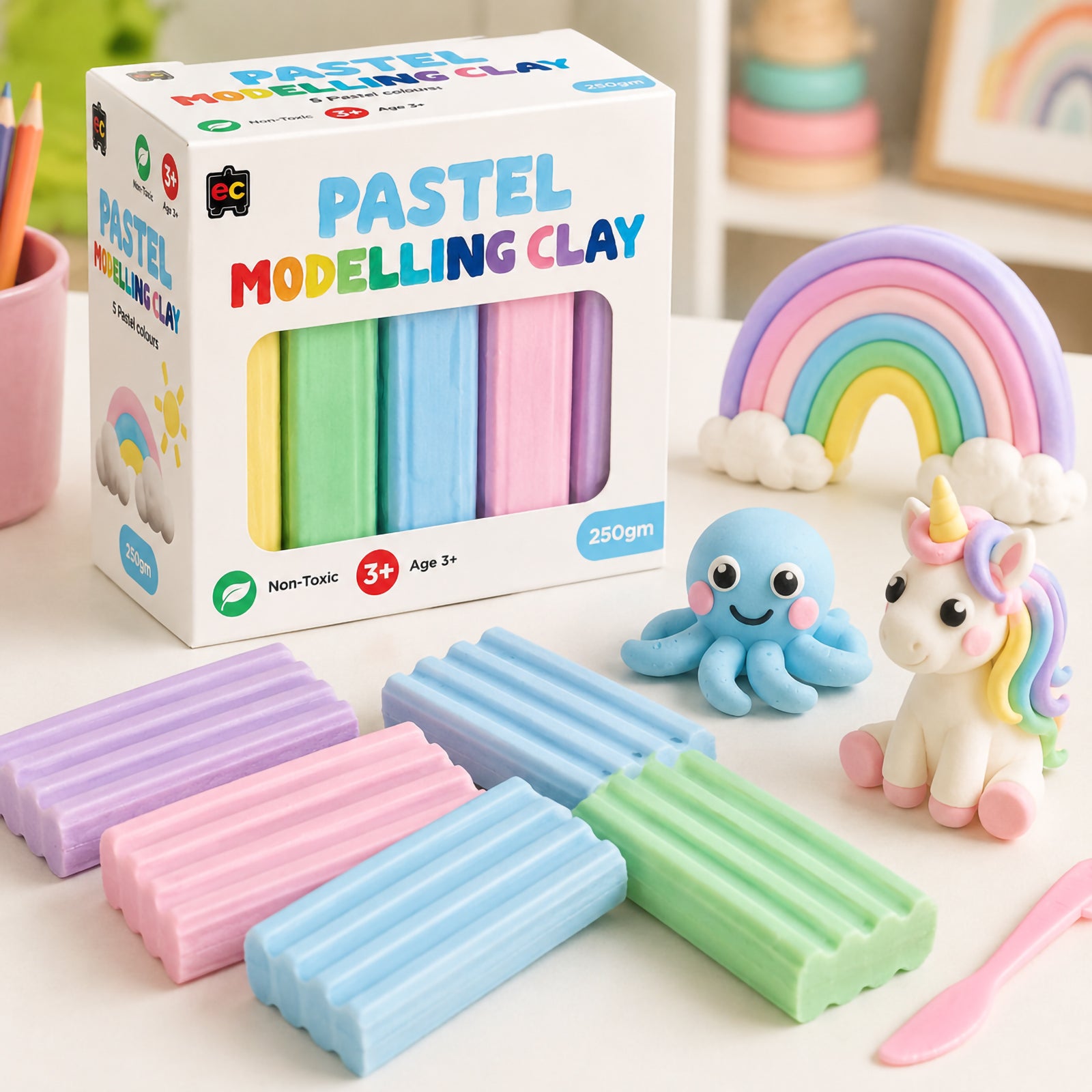 Pastel Modelling Clay 250g assorted colours box surrounded by pastel clay bars, rainbow decoration, unicorn figure and blue octopus sculpture on a clean white tabletop.