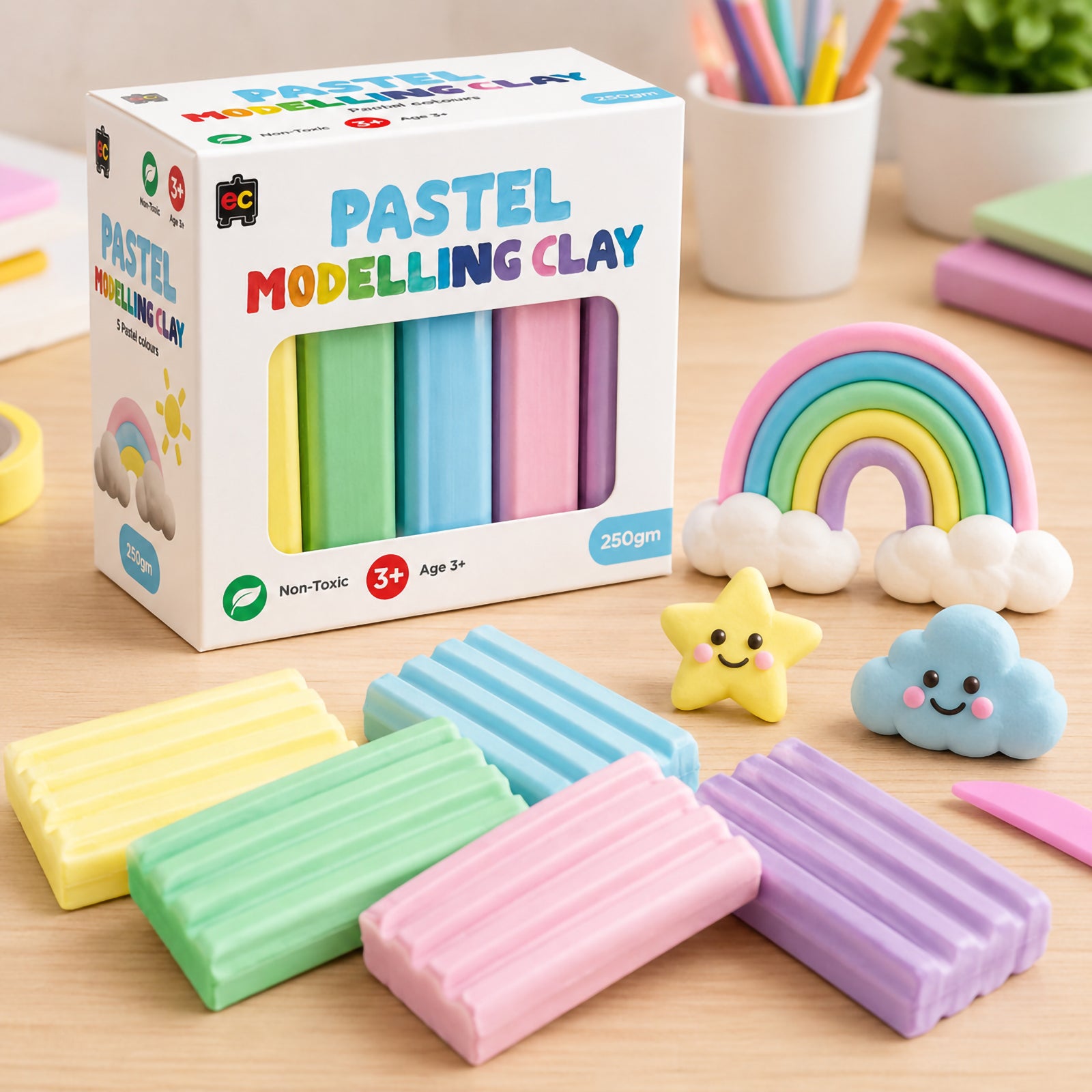 Educational Colours Pastel Modelling Clay 250g set displayed on a wooden craft table with pastel clay sticks, rainbow sculpture, smiling cloud and star clay figures in a bright classroom environment.