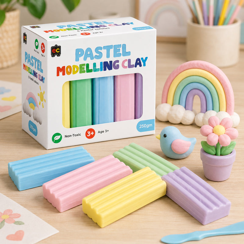 Educational Colours Pastel Modelling Clay 250g pack with pastel clay sticks, rainbow ornament, clay bird and flower pot displayed on a bright wooden craft table.