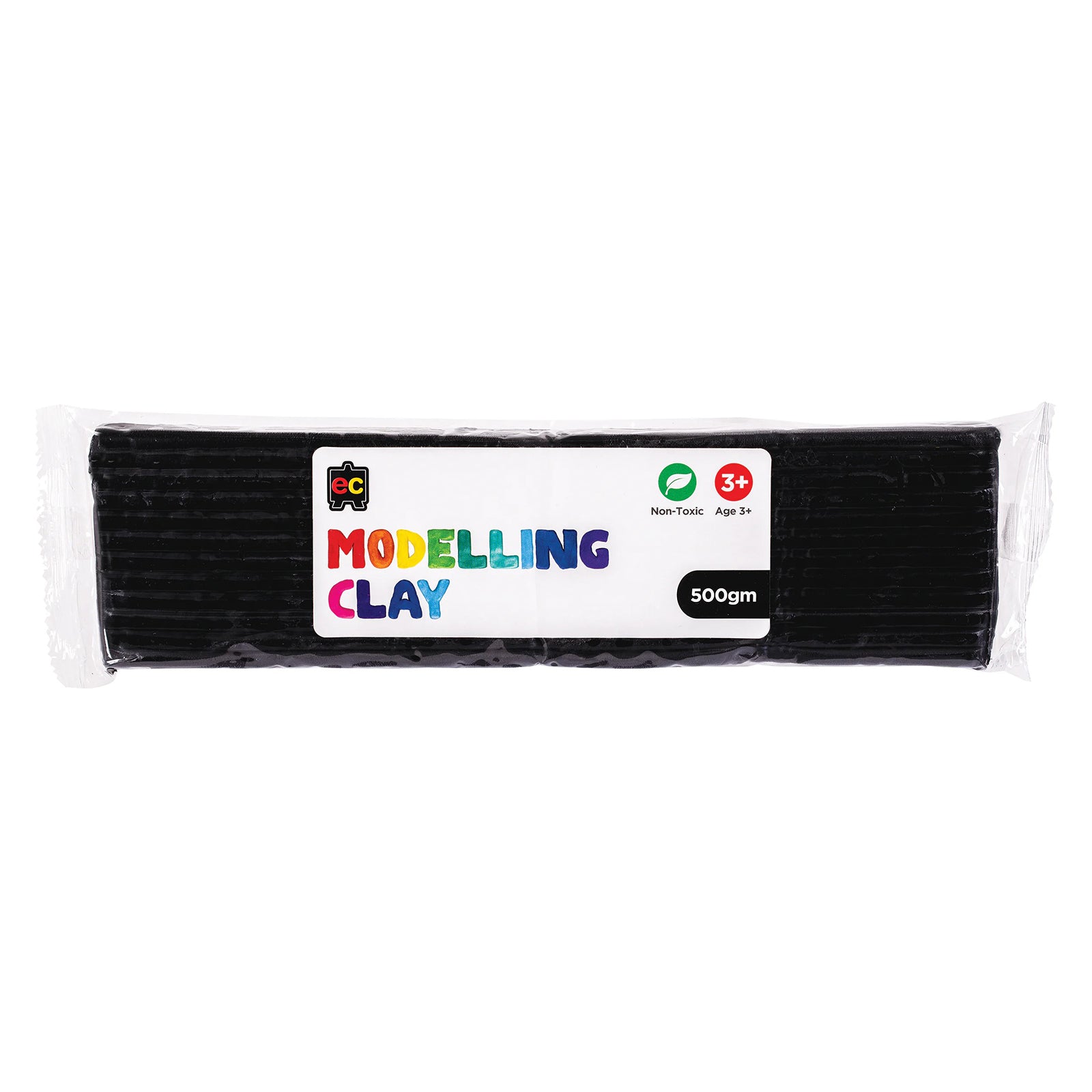 A packaged 500g block of Educational Colours Black Modelling Clay displayed in clear wrapping with a branded label. The product packaging highlights the non toxic formula and suitability for children aged 3 years and above, presenting the reusable clay block designed for arts, crafts, modelling and sensory learning activities.