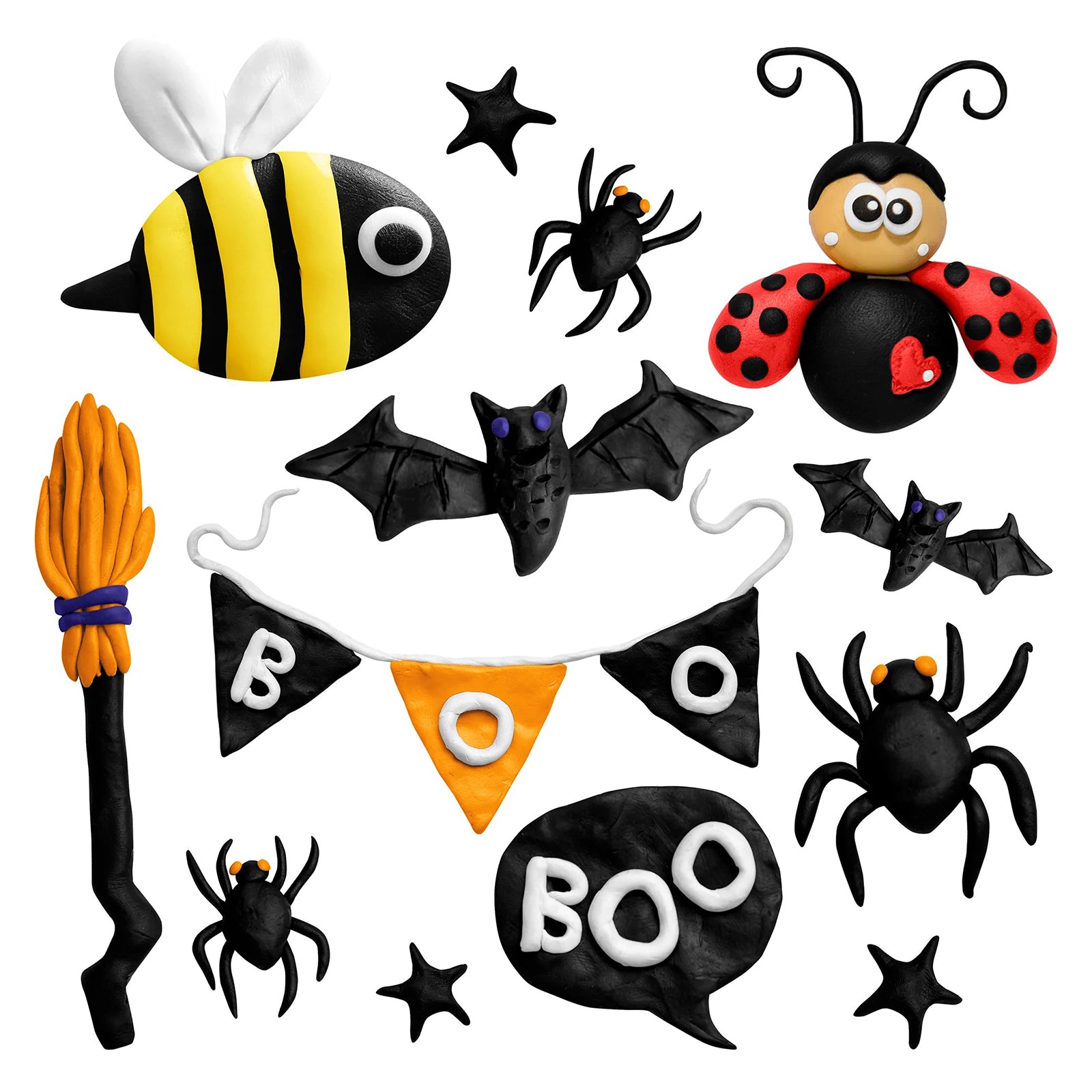 A creative collection of black themed modelling clay creations including bats, spiders, a bee, ladybird, broomstick and Halloween inspired decorations displayed on a light background. The detailed clay figures demonstrate the smooth texture, flexibility and vibrant colour contrast possible with Educational Colours Modelling Clay, showcasing imaginative craft ideas suitable for children, classrooms and creative play activities.