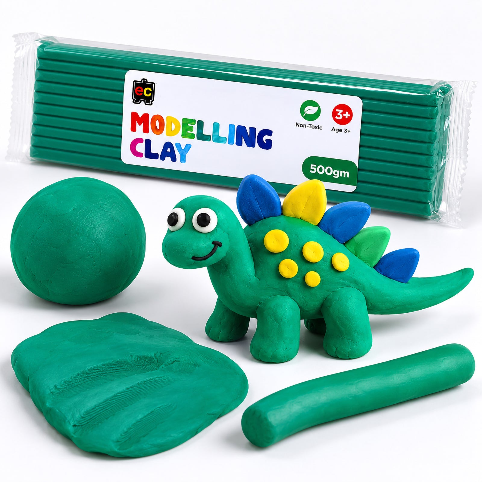 Educational Colours 500g dark green modelling clay pack featured with a bright green clay dinosaur, rolled clay pieces, and sculpted clay shapes on a white studio background.