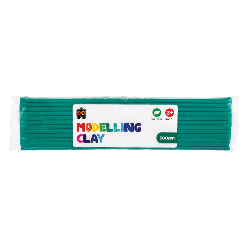 A packaged 500g block of Educational Colours Dark Green Modelling Clay wrapped in clear plastic with a colourful branded label. The packaging highlights the non toxic formula and suitability for children aged 3 years and above, presenting the reusable clay designed for sculpting, modelling, arts and educational craft projects.