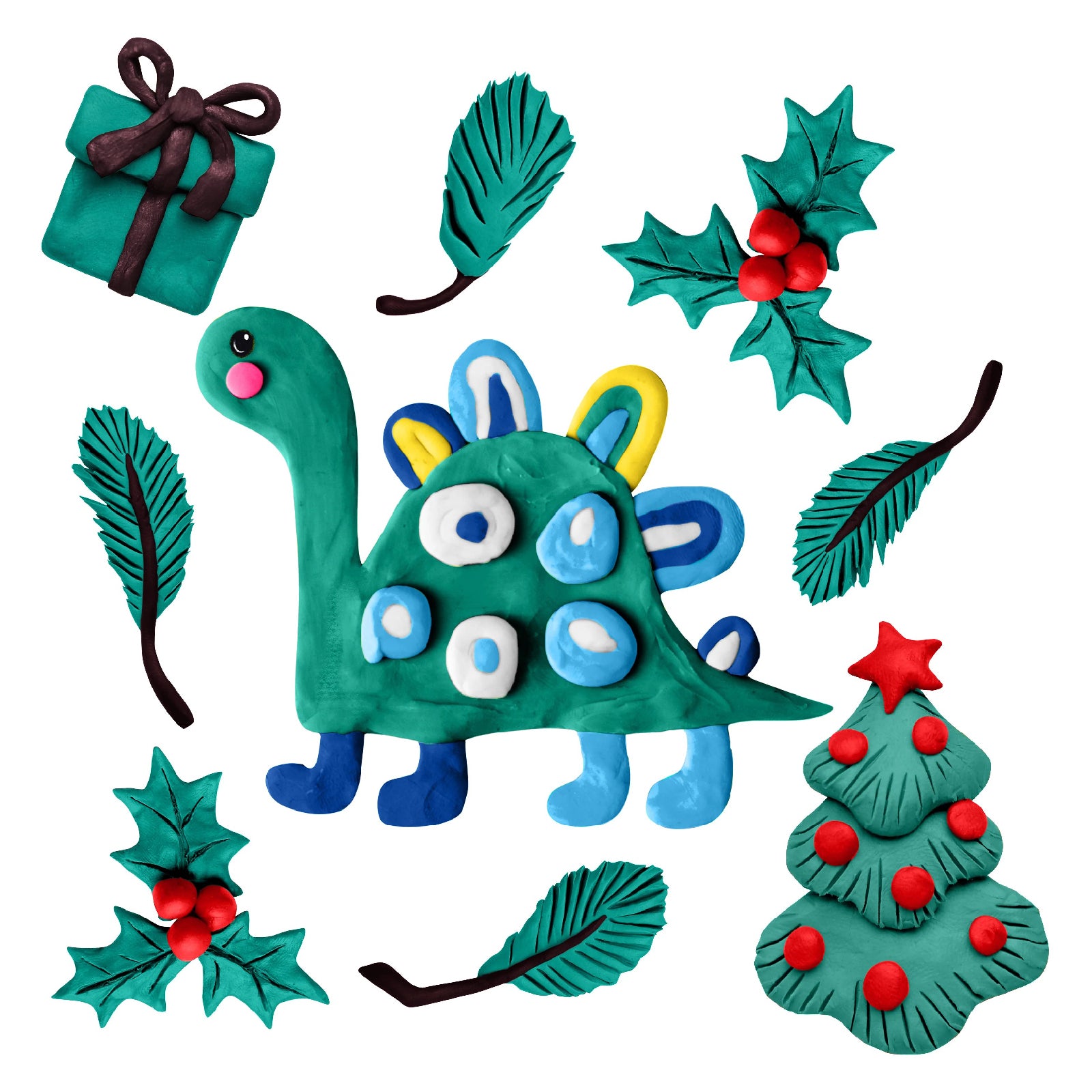 A creative collection of dark green modelling clay sculptures including a dinosaur, Christmas tree, leaves and festive decorations displayed on a light background. The detailed clay models highlight the smooth texture and flexibility of Educational Colours Modelling Clay, showcasing imaginative nature themed and seasonal craft ideas suitable for sensory learning, classroom art and creative play activities.
