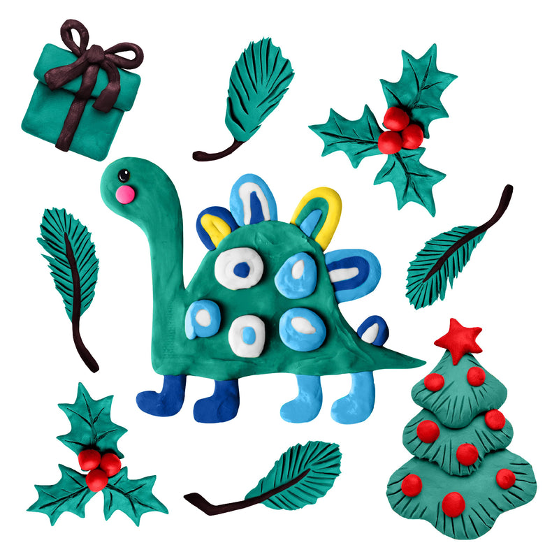 A creative collection of dark green modelling clay sculptures including a dinosaur, Christmas tree, leaves and festive decorations displayed on a light background. The detailed clay models highlight the smooth texture and flexibility of Educational Colours Modelling Clay, showcasing imaginative nature themed and seasonal craft ideas suitable for sensory learning, classroom art and creative play activities.