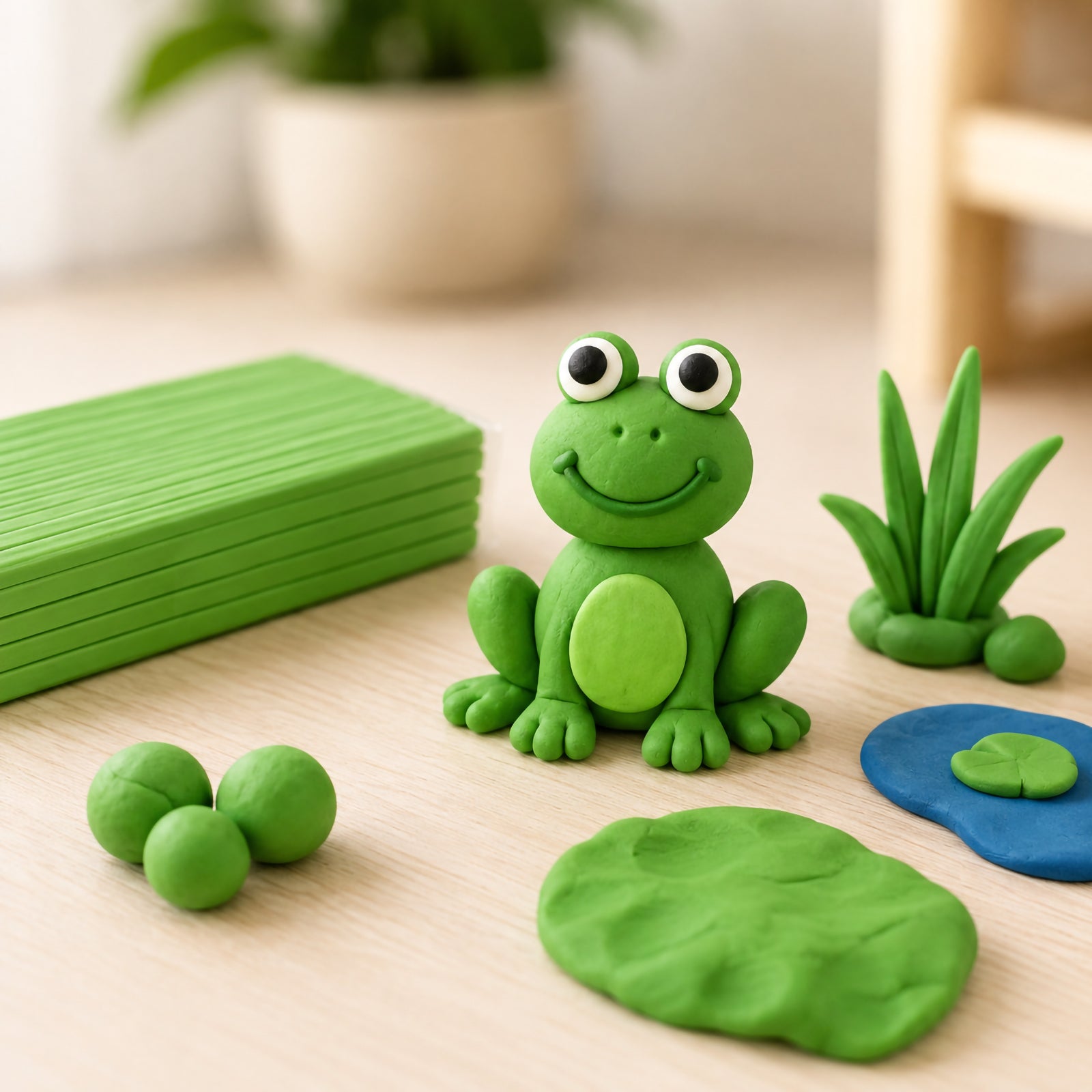 Green modelling clay shaped into a smiling frog with clay leaves and plant details beside a block of green clay on a softly lit tabletop.