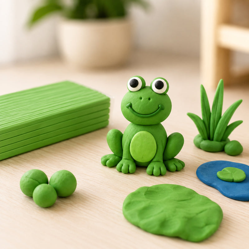 Green modelling clay shaped into a smiling frog with clay leaves and plant details beside a block of green clay on a softly lit tabletop.