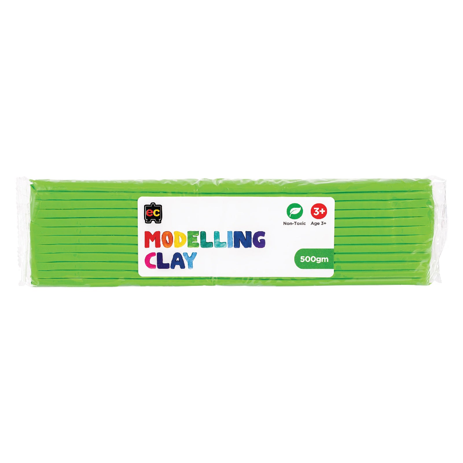 A packaged 500g block of Educational Colours Green Modelling Clay wrapped in clear plastic with a colourful branded label. The packaging highlights the non toxic formula and suitability for children aged 3 years and above, presenting the reusable clay designed for sculpting, arts, crafts and educational modelling activities.