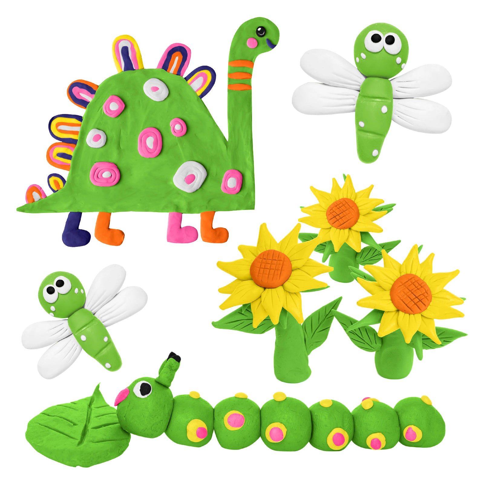 A colourful collection of green modelling clay creations including a dinosaur, dragonflies, caterpillar and sunflower sculptures displayed on a light background. The playful figures highlight the smooth texture and flexible shaping ability of Educational Colours Modelling Clay, showcasing imaginative nature themed craft ideas suitable for classroom learning, sensory activities and creative play projects.