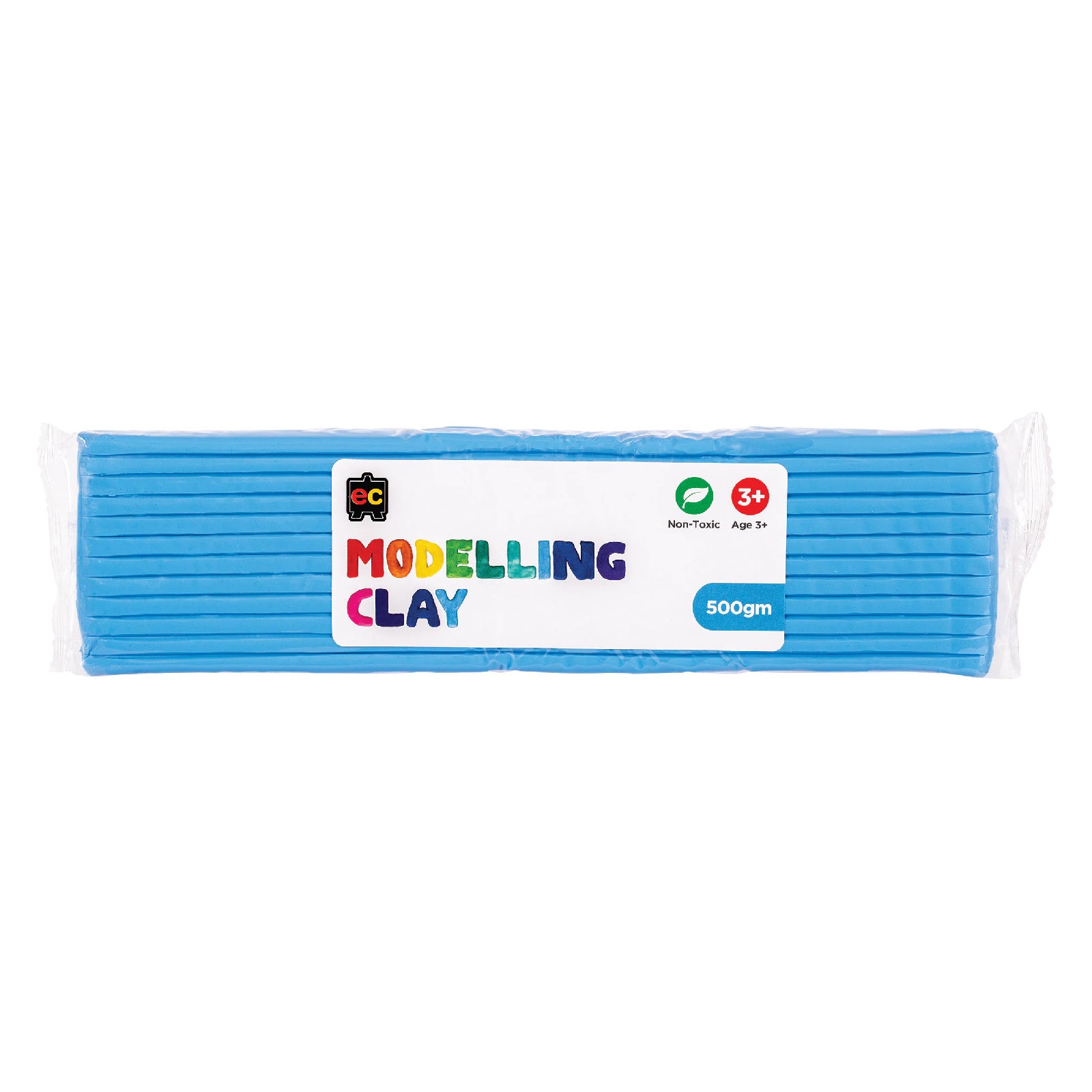 A packaged 500g block of Educational Colours Light Blue Modelling Clay wrapped in clear plastic with a colourful branded label. The packaging highlights the non toxic formula and suitability for children aged 3 years and above, presenting the reusable clay designed for sculpting, arts, crafts and educational creative projects.