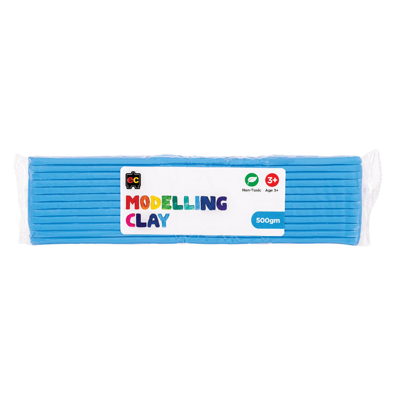 A packaged 500g block of Educational Colours Light Blue Modelling Clay wrapped in clear plastic with a colourful branded label. The packaging highlights the non toxic formula and suitability for children aged 3 years and above, presenting the reusable clay designed for sculpting, arts, crafts and educational creative projects.