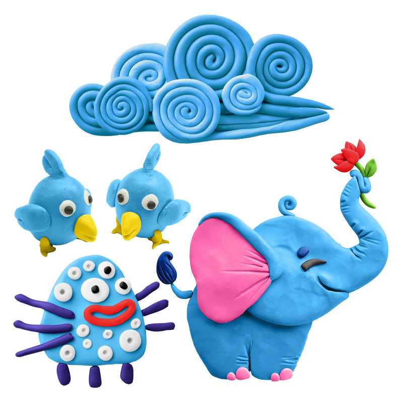 A playful collection of light blue modelling clay creations including birds, an elephant, spiral cloud shapes and colourful fantasy figures displayed on a light background. The detailed sculptures showcase the smooth texture and flexible shaping ability of Educational Colours Modelling Clay, highlighting imaginative craft possibilities suitable for classroom learning, sensory play and creative modelling activities.