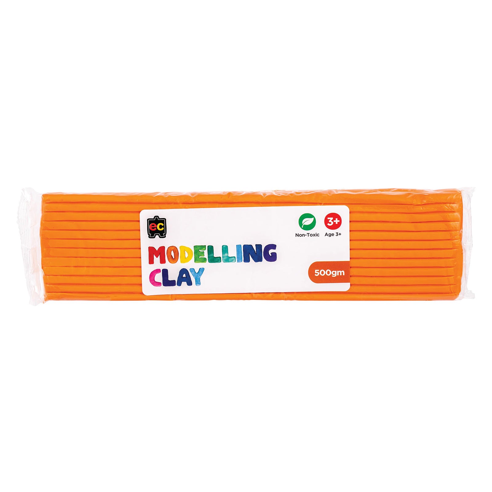 A packaged 500g block of Educational Colours Orange Modelling Clay wrapped in clear plastic with a colourful branded label. The packaging highlights the non toxic formula and suitability for children aged 3 years and above, presenting the reusable clay designed for sculpting, modelling, arts and educational craft projects.