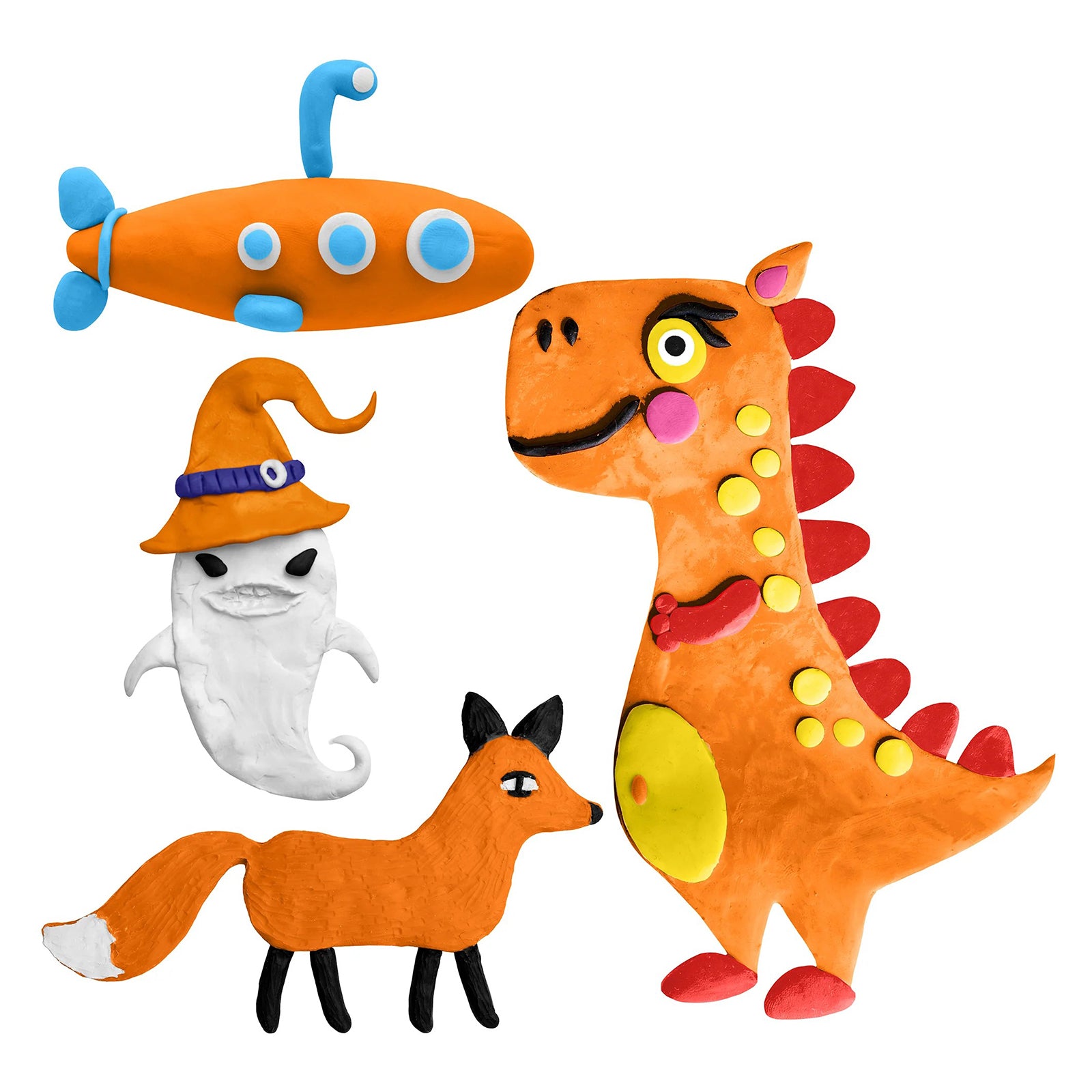 A playful collection of orange modelling clay creations including a dinosaur, fox, submarine and ghost figure displayed on a light background. The detailed sculptures showcase the smooth texture and vibrant colour of Educational Colours Modelling Clay, highlighting imaginative craft possibilities suitable for classroom learning, sensory play and creative modelling activities.