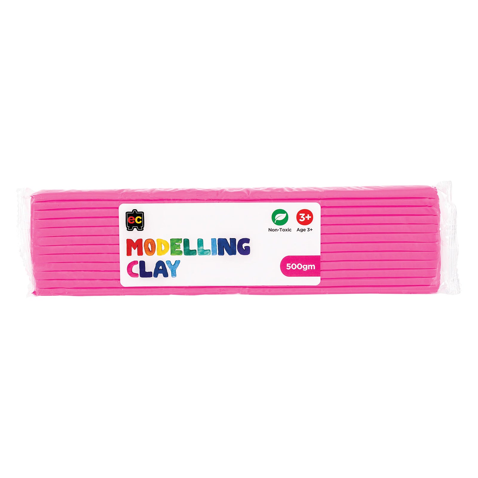 A packaged 500g block of Educational Colours Pink Modelling Clay wrapped in clear plastic with a colourful branded label. The packaging highlights the non toxic formula and suitability for children aged 3 years and above, presenting the reusable clay designed for sculpting, modelling, arts and educational craft projects.