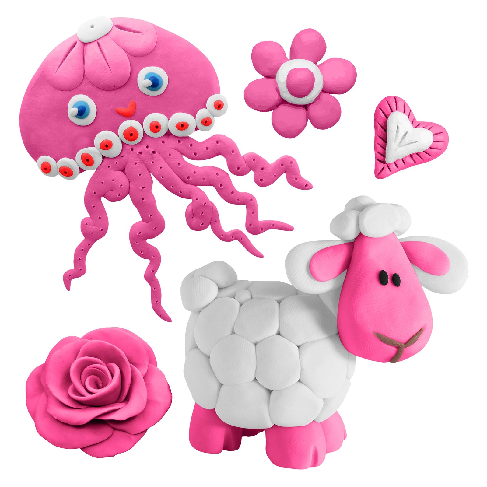 A colourful collection of pink modelling clay creations including a jellyfish, sheep, flower, heart and rose sculpture displayed on a light background. The detailed figures showcase the smooth texture and vibrant colour of Educational Colours Modelling Clay, highlighting imaginative craft possibilities suitable for classroom learning, sensory play and creative modelling activities.