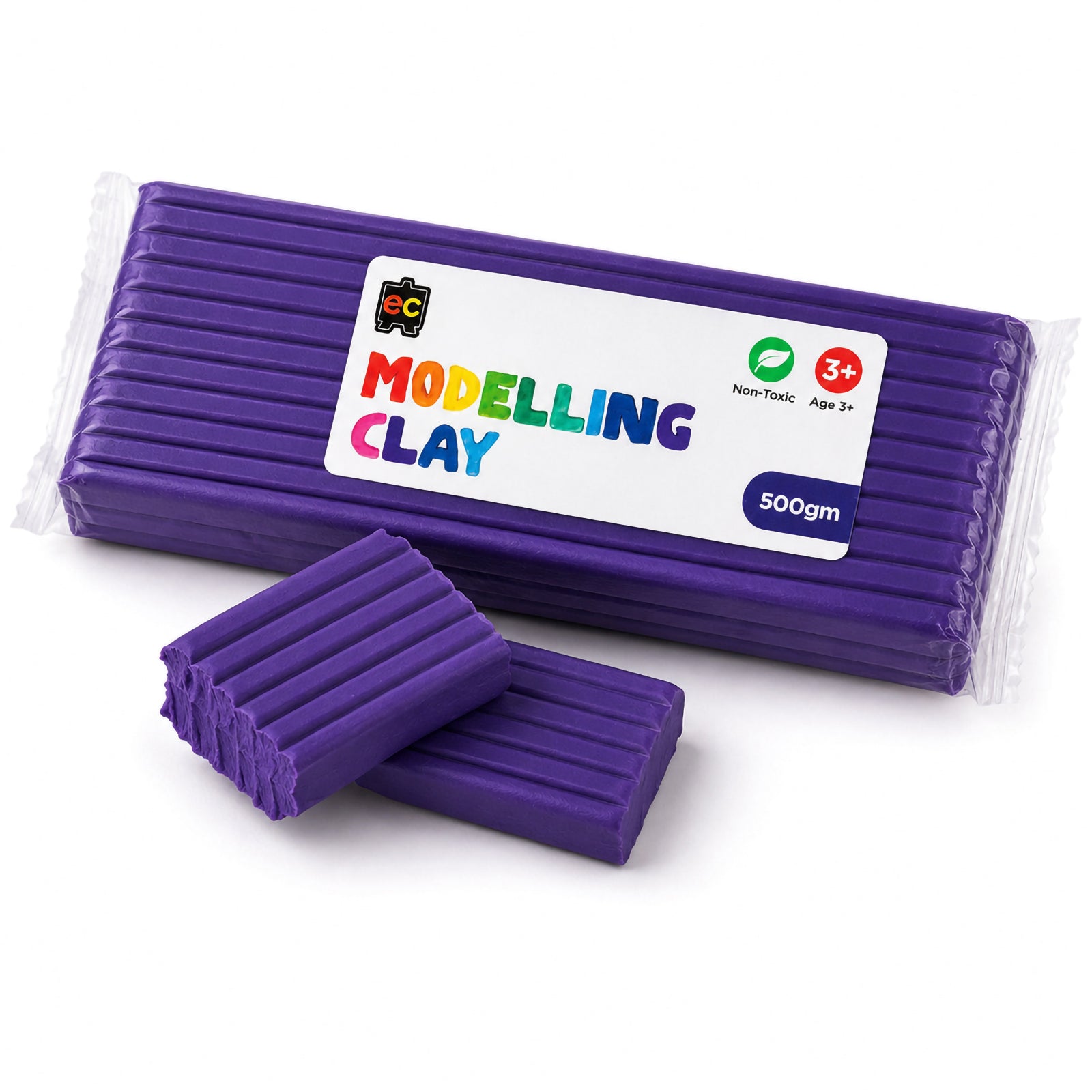 Educational Colours Modelling Clay 500g Purple pack displayed with broken clay sections on a clean white background showing clay texture and vibrant purple colour.