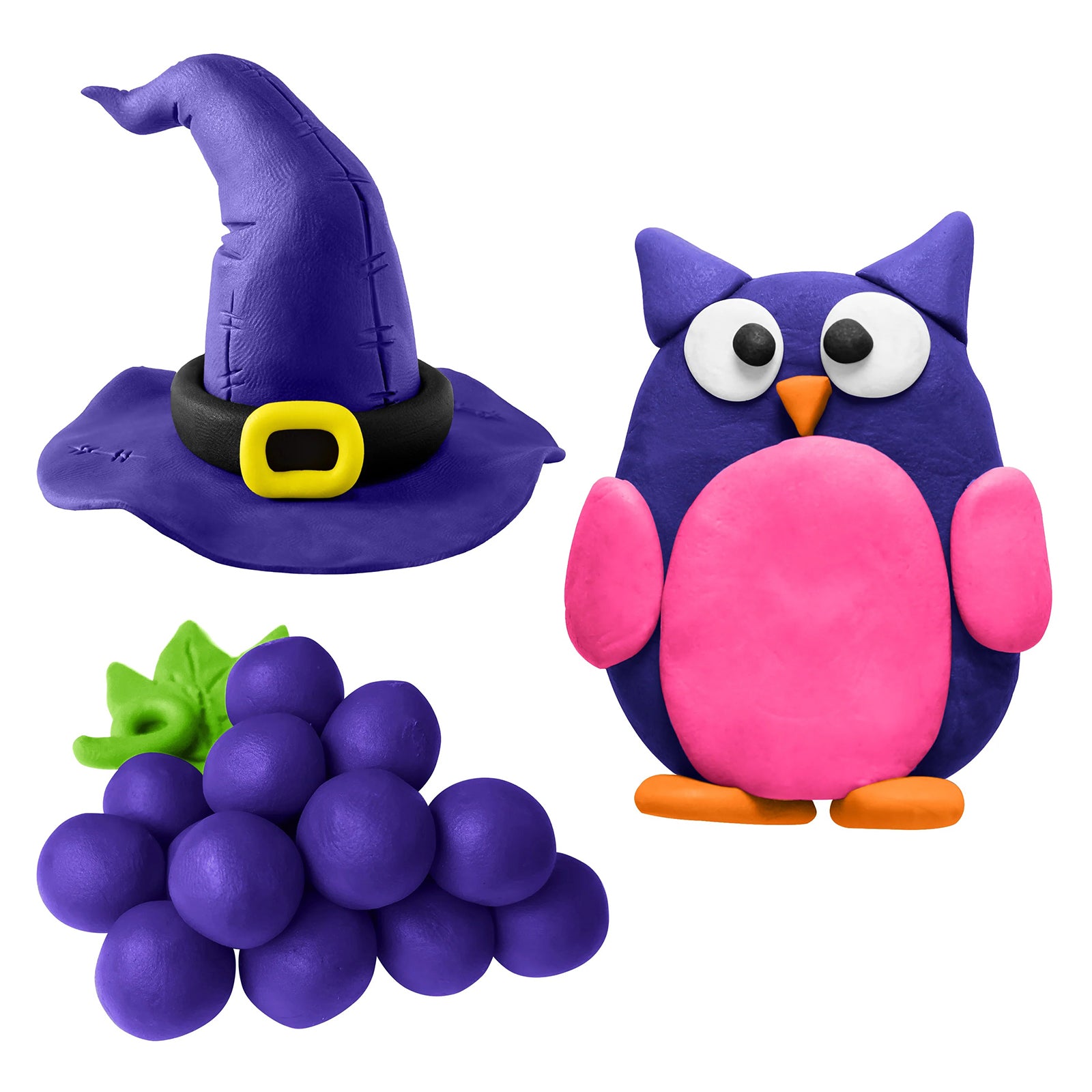 A playful collection of purple modelling clay creations including a witch hat, owl and grape sculpture displayed on a light background. The detailed figures highlight the smooth texture and vibrant colour of Educational Colours Modelling Clay, showcasing imaginative fantasy themed craft ideas suitable for classroom learning, sensory play and creative modelling activities.