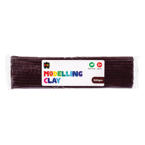 A packaged 500g block of Educational Colours Brown Modelling Clay wrapped in clear plastic with a colourful branded label. The packaging highlights the non toxic formula and suitability for children aged 3 years and above, presenting the reusable clay block designed for sculpting, arts, crafts and educational modelling activities.