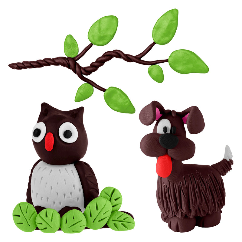 A creative display of brown modelling clay sculptures featuring a dog, owl and twisted tree branch with green leaves on a light background. The detailed figures highlight the smooth texture and flexibility of Educational Colours Modelling Clay, showcasing imaginative nature themed craft ideas suitable for classroom activities, sensory learning and creative play projects.