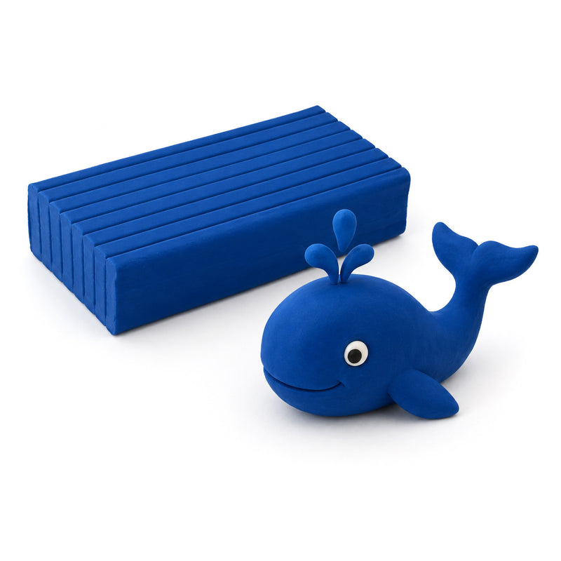 Educational Colours Modelling Clay 500gm Dark Blue with a handmade blue whale clay figure beside a smooth clay block on a clean white studio background.