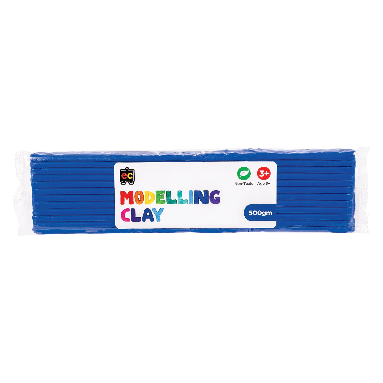 A packaged 500g block of Educational Colours Dark Blue Modelling Clay wrapped in clear plastic with a colourful branded label. The packaging highlights the non toxic formula and suitability for children aged 3 years and above, presenting the reusable clay designed for modelling, sculpting, arts and educational play projects.