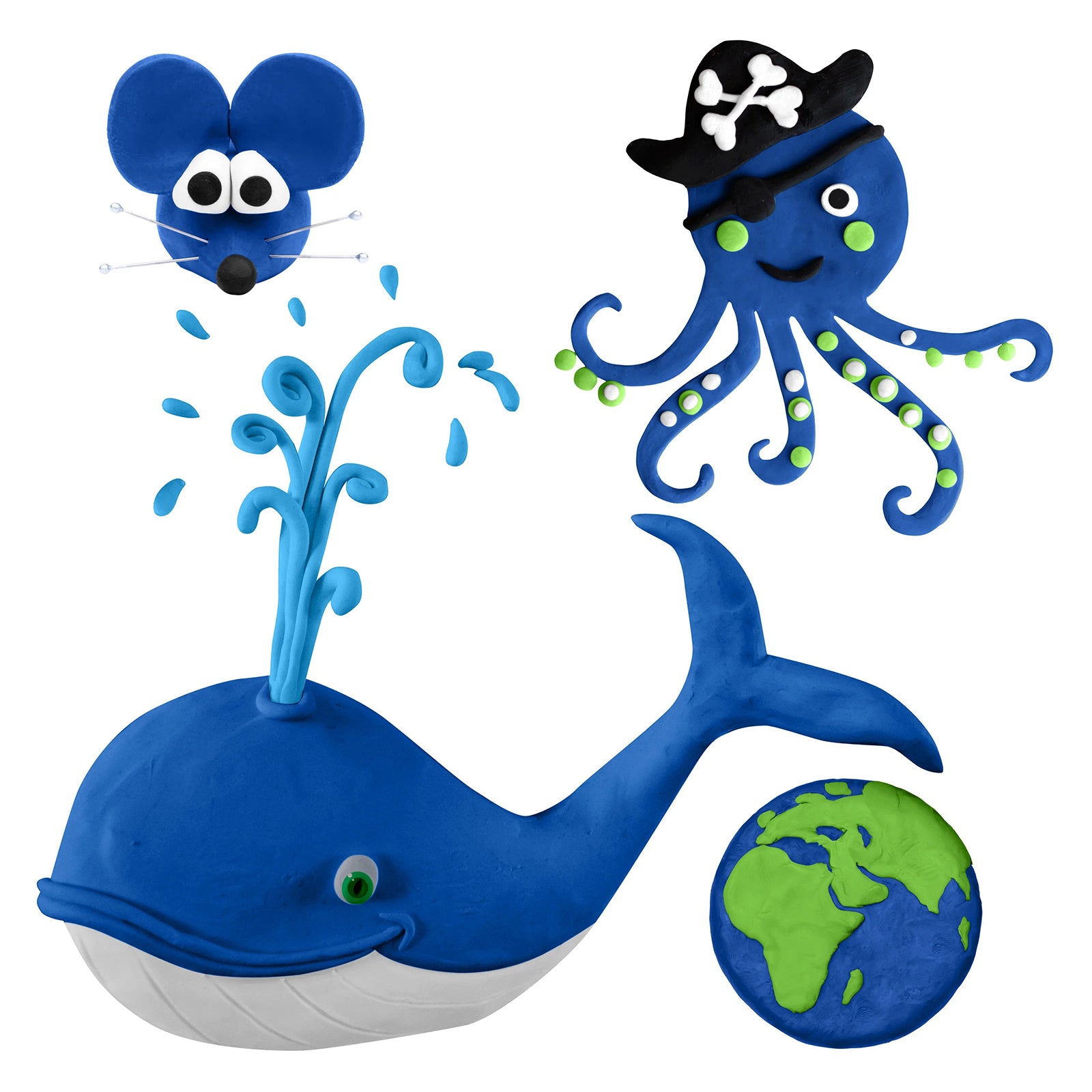 A playful collection of dark blue modelling clay creations including a whale, octopus, mouse and globe displayed on a light background. The imaginative ocean and adventure themed sculptures highlight the smooth texture and flexibility of Educational Colours Modelling Clay, demonstrating detailed modelling possibilities for classroom art, sensory learning and creative craft activities.