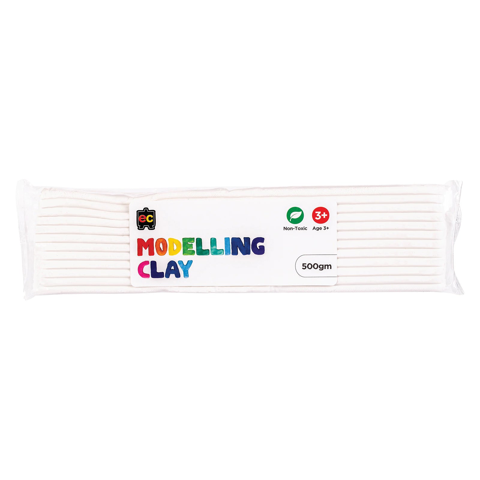 A packaged 500g block of Educational Colours White Modelling Clay wrapped in clear plastic with a colourful branded label. The packaging highlights the non toxic formula and suitability for children aged 3 years and above, presenting reusable modelling clay designed for sculpting, sensory play and creative arts and crafts activities.