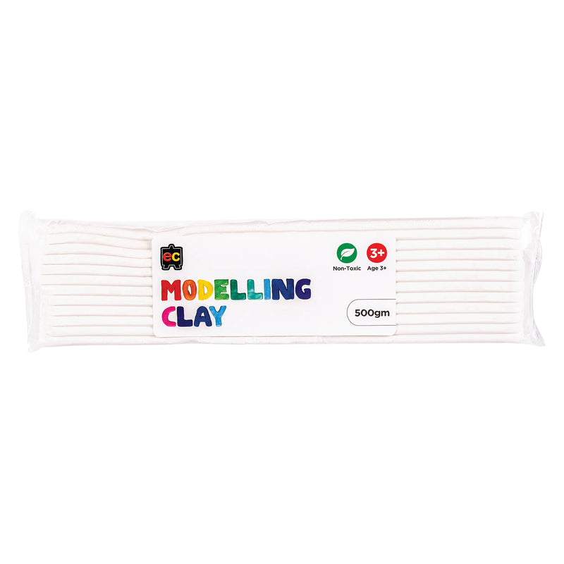 A packaged 500g block of Educational Colours White Modelling Clay wrapped in clear plastic with a colourful branded label. The packaging highlights the non toxic formula and suitability for children aged 3 years and above, presenting reusable modelling clay designed for sculpting, sensory play and creative arts and crafts activities.