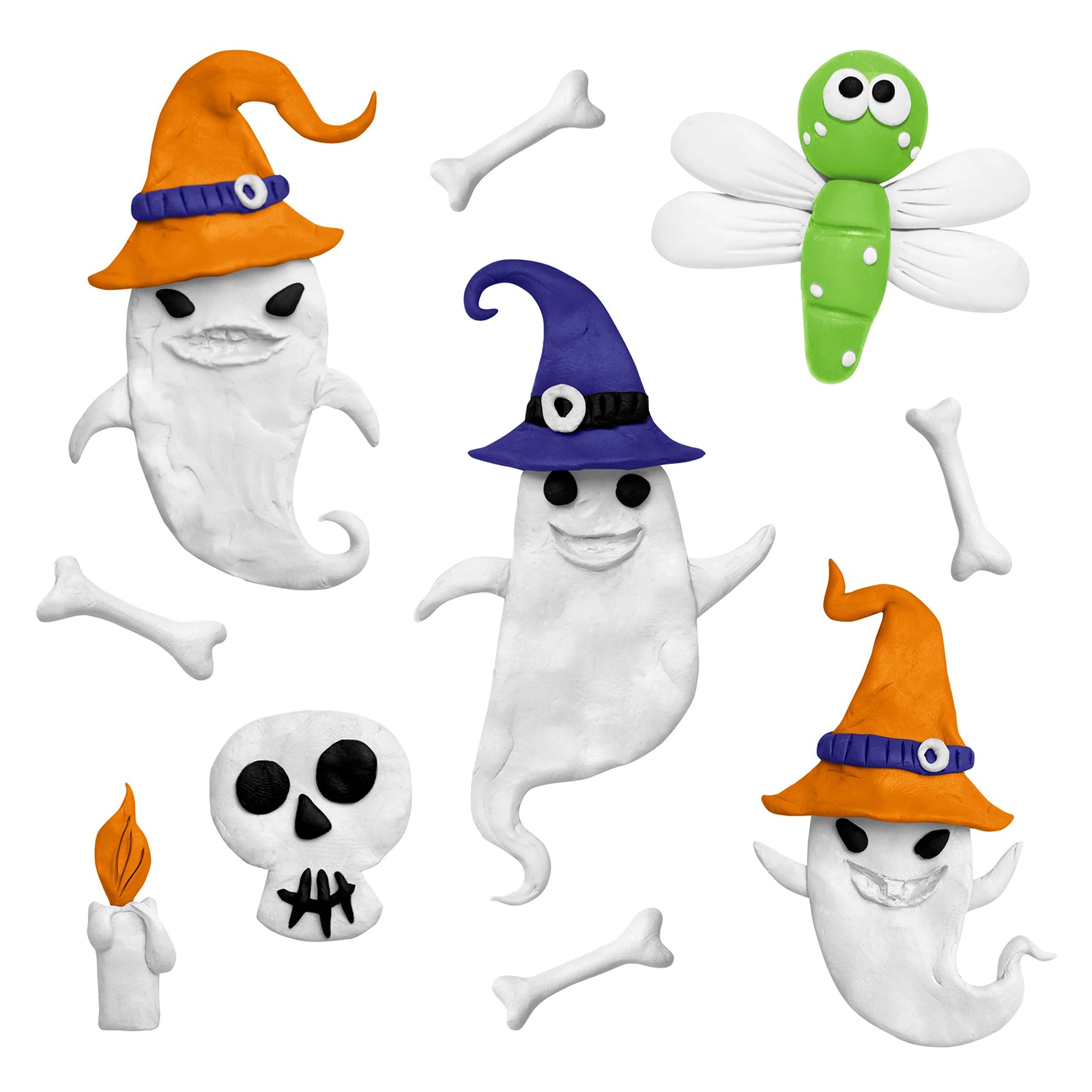 A playful collection of white modelling clay creations including friendly ghosts wearing colourful hats, small bone shapes, a skull decoration and a dragonfly figure displayed on a light background. The detailed sculptures highlight the smooth texture and flexible shaping ability of Educational Colours Modelling Clay, ideal for imaginative craft activities, classroom learning and themed creative projects.
