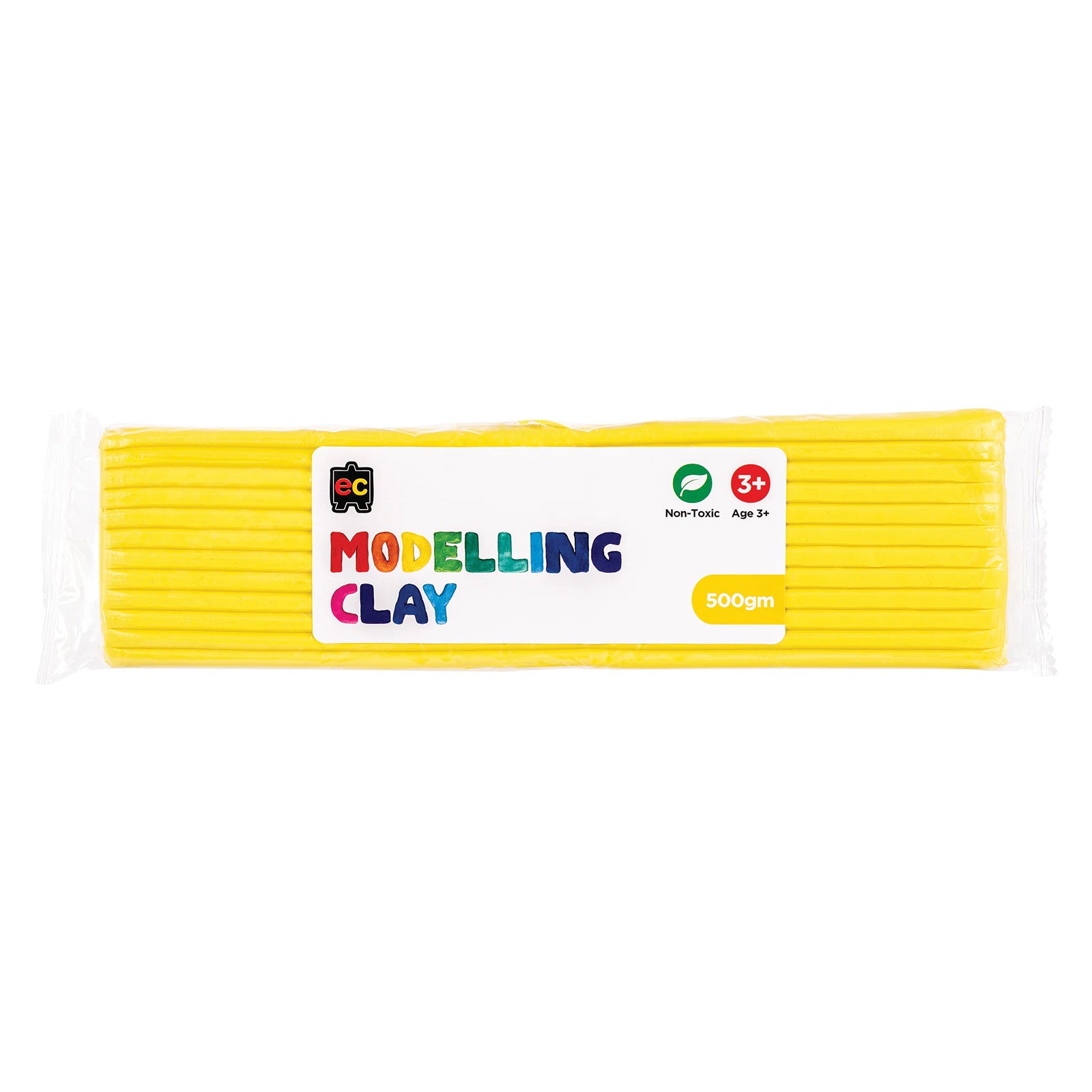 A packaged 500g block of Educational Colours Yellow Modelling Clay wrapped in clear plastic with a colourful branded label. The packaging highlights the non toxic formula and suitability for children aged 3 years and above, presenting reusable modelling clay designed for sculpting, learning activities and hands on arts and crafts projects.