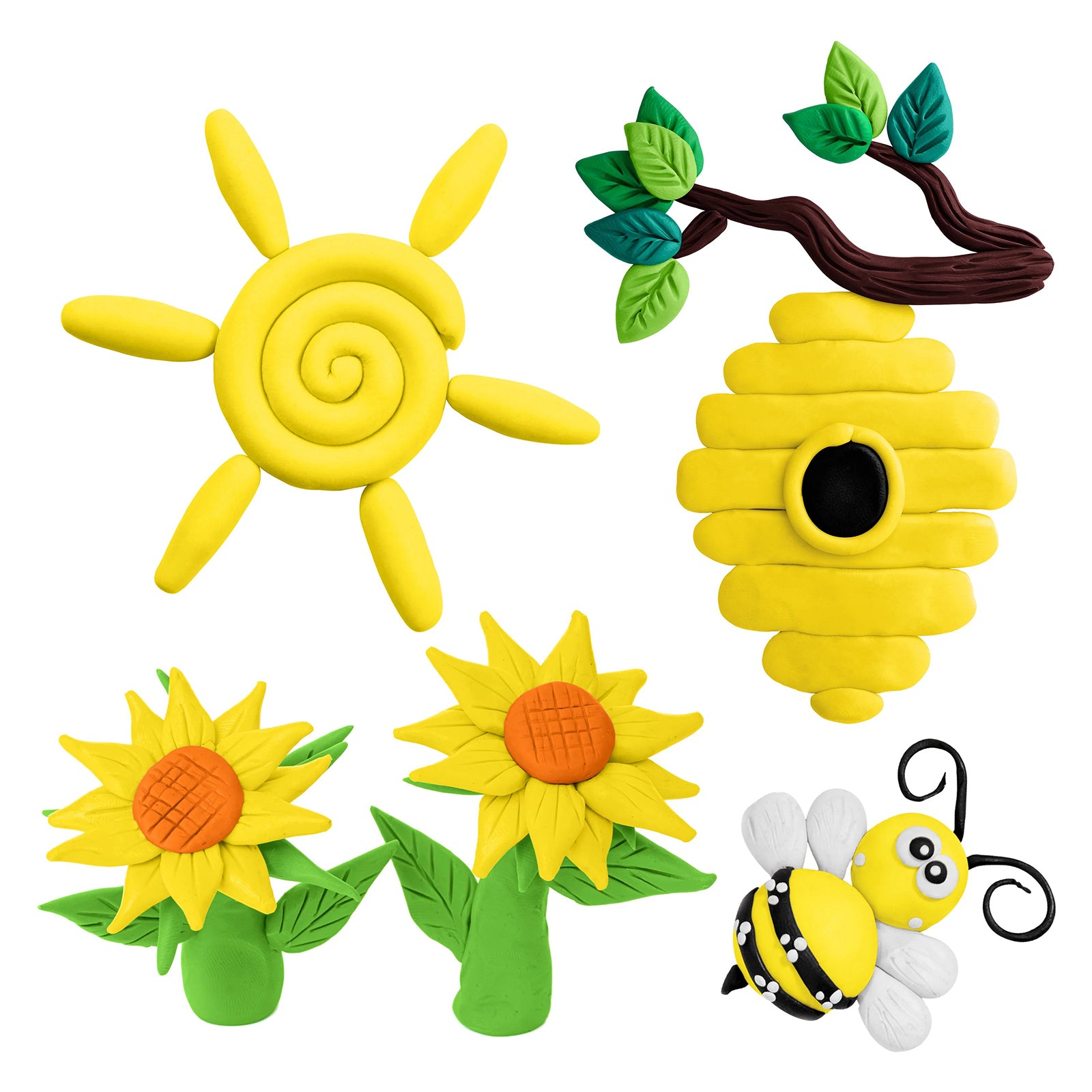 A collection of bright yellow modelling clay creations including a spiral sunshine, sunflower sculptures, a beehive hanging from a branch and a cartoon bee figure displayed on a light background. The detailed designs highlight the smooth texture and easy shaping qualities of Educational Colours Modelling Clay, perfect for imaginative classroom crafts, sensory activities and creative play projects.