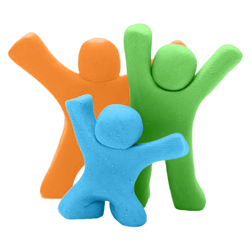 Three brightly coloured modelling clay figures in orange, green and blue posed with raised arms, showing the flexibility and smooth finish of the reusable modelling clay used for fun school art activities and sensory learning.
