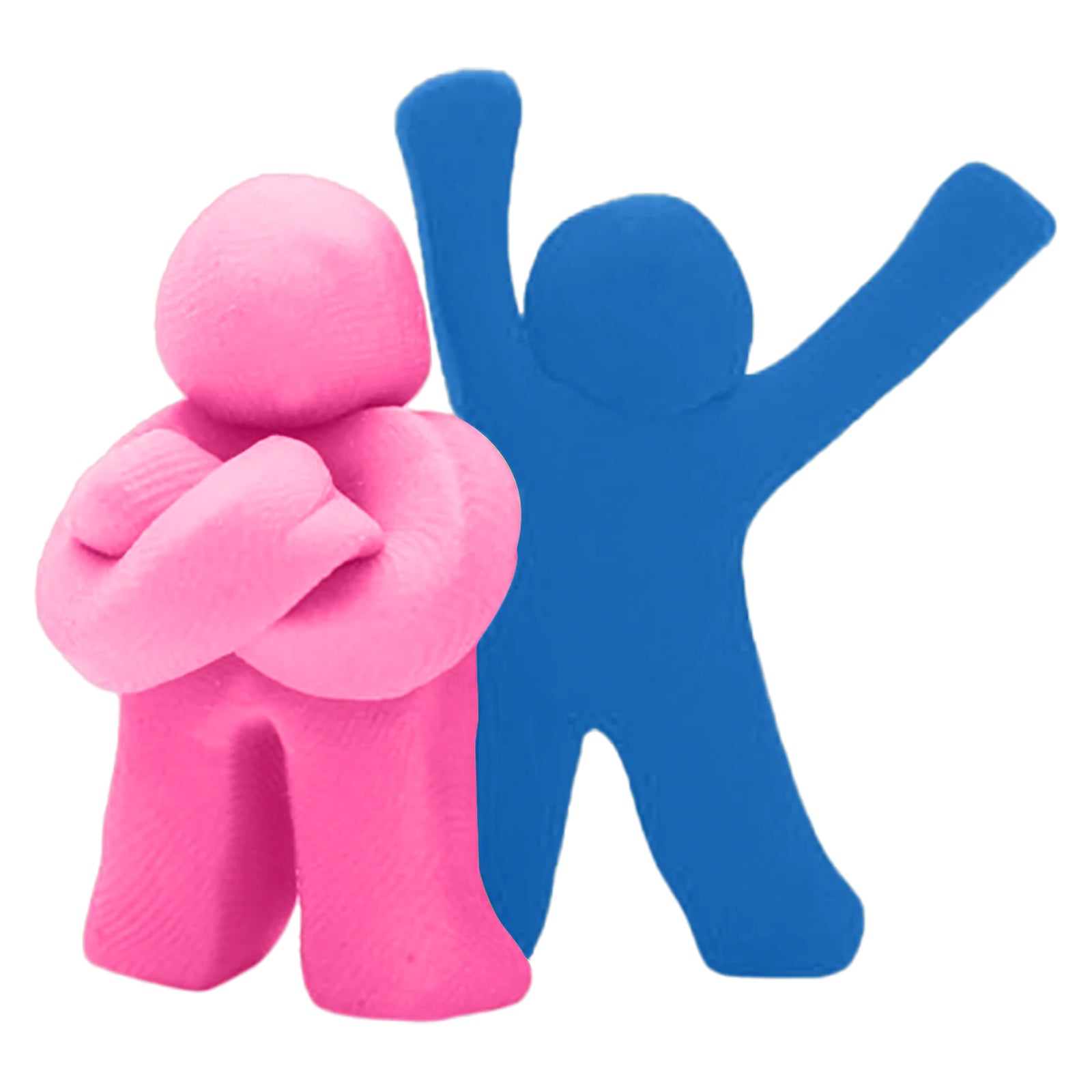 Two colourful modelling clay figures shaped into playful human forms in bright pink and blue, demonstrating the soft texture and easy sculpting ability of Educational Colours modelling clay for classroom creativity and imaginative play.