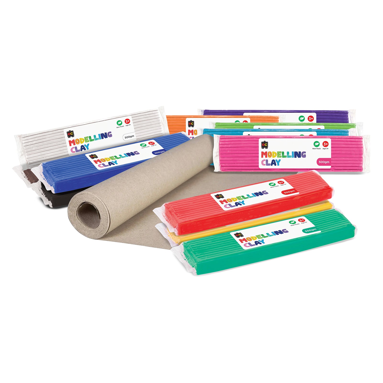Educational Colours Modelling Clay School Kit displayed with multiple 500g clay blocks in assorted bright colours surrounding a roll of kraft paper, highlighting the complete classroom set designed for group art projects and creative learning sessions.