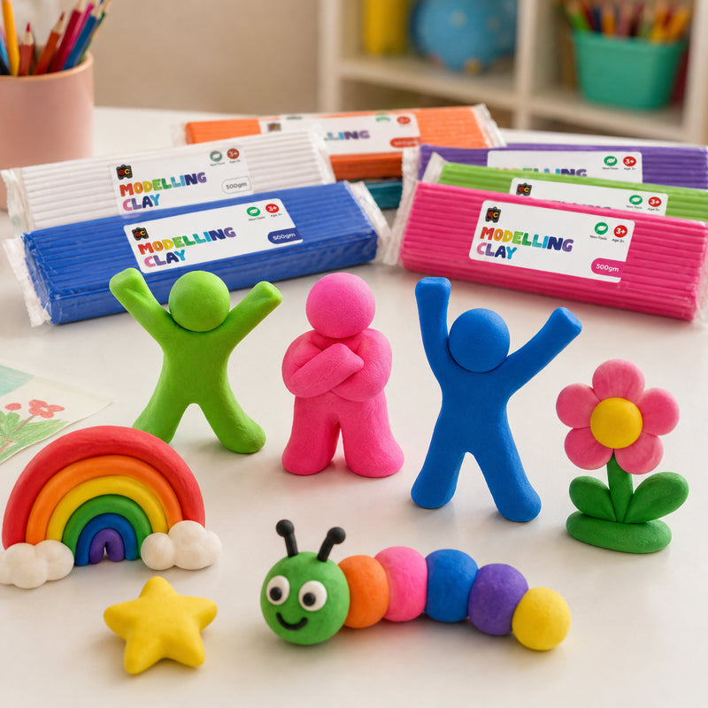 Colourful modelling clay figures and playful handmade creations displayed on a bright classroom craft table with Educational Colours Modelling Clay packs in the background.