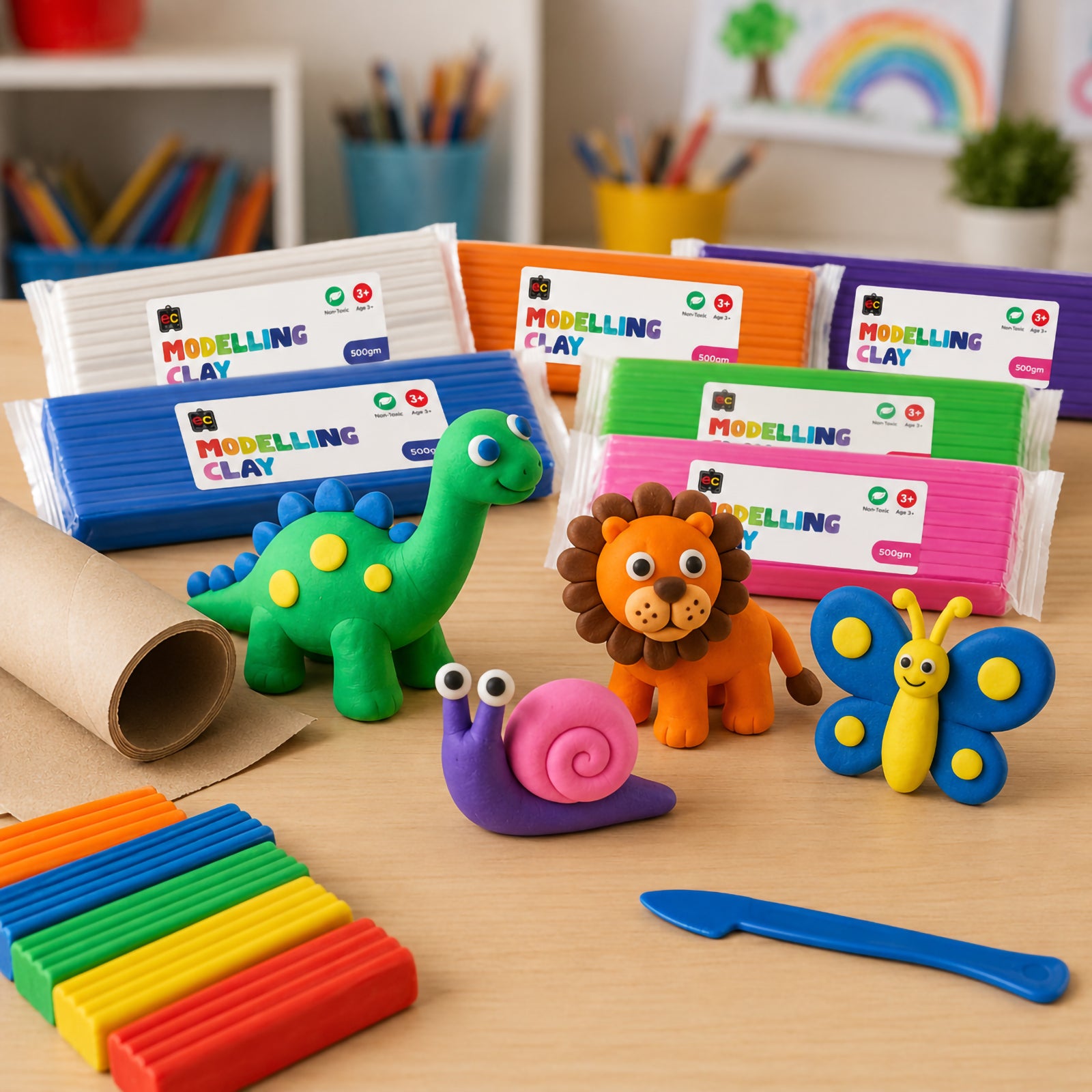 Educational modelling clay school kit displayed with handmade clay dinosaur, lion, butterfly and snail figures on a wooden craft table with sculpting tools and clay sticks.