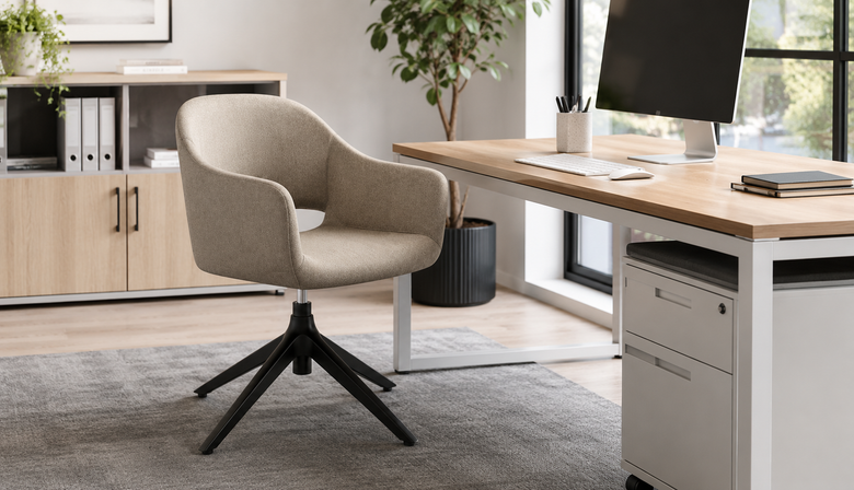 A modern beige upholstered swivel office chair with a black star base, positioned in a bright, contemporary home office next to a light wood desk and computer monitor.