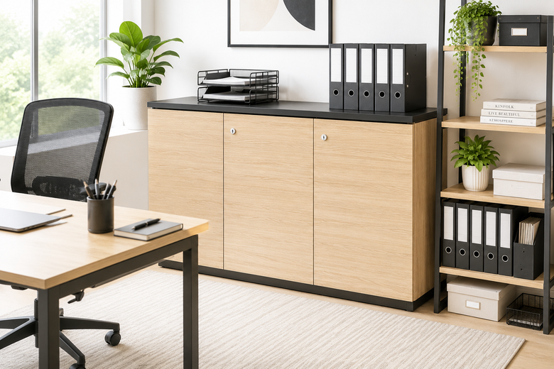 A modern office furniture set featuring a light wood cabinet with a black top and base, styled in a bright home office alongside a desk, chair, and shelving unit.