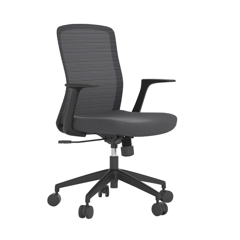 Mondo Fleet chair in black, front three quarter view from a higher angle showing the mesh back, fixed armrests, seat and nylon 5 star base