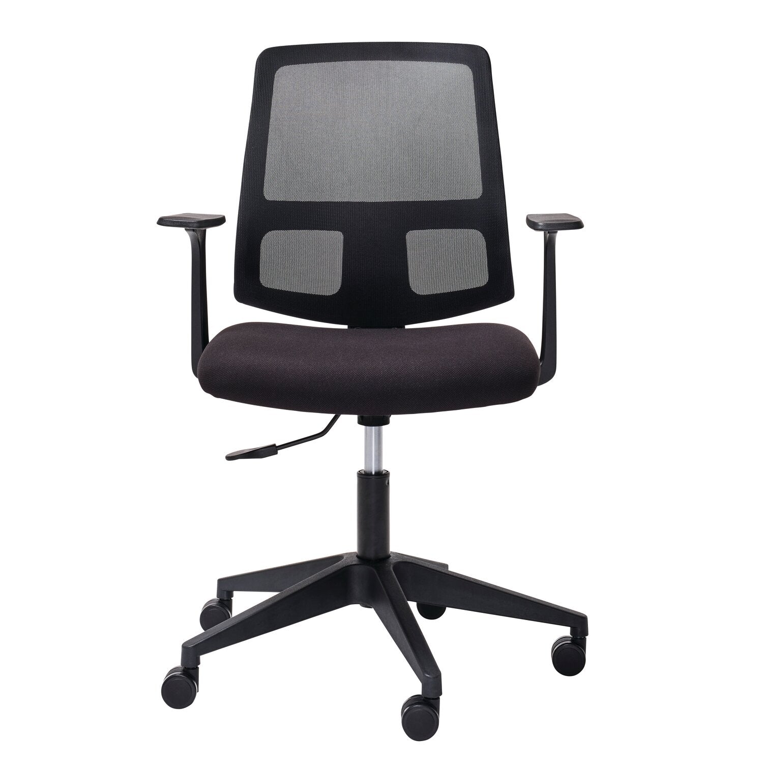 Side profile of Mondo Brook office chair showing breathable mesh back curve, black foam seat and castor base