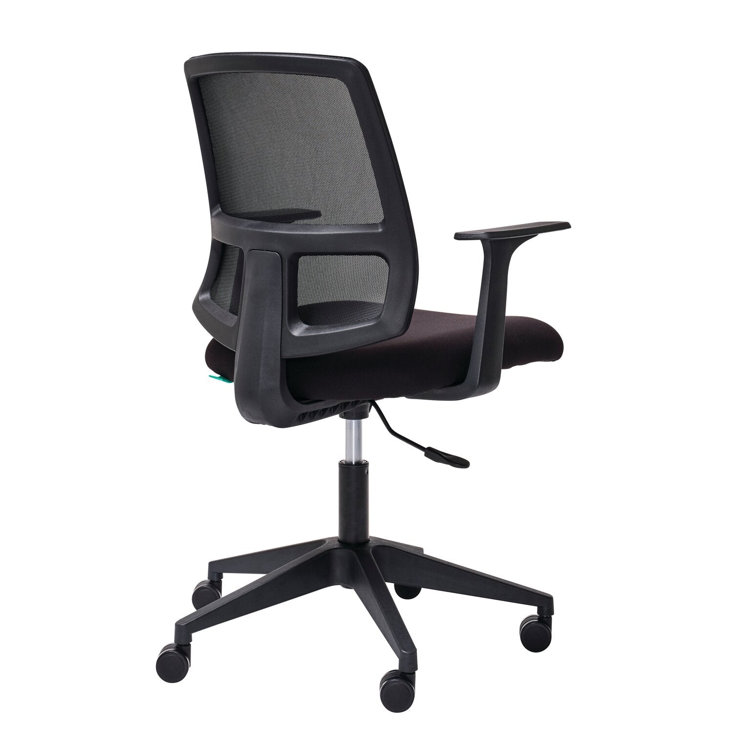 Angled view of Mondo Brook mesh office chair highlighting seat cushion depth and armrest position