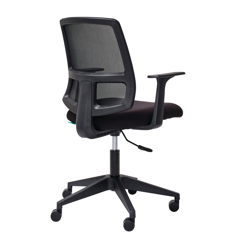 Angled view of Mondo Brook mesh office chair highlighting seat cushion depth and armrest position