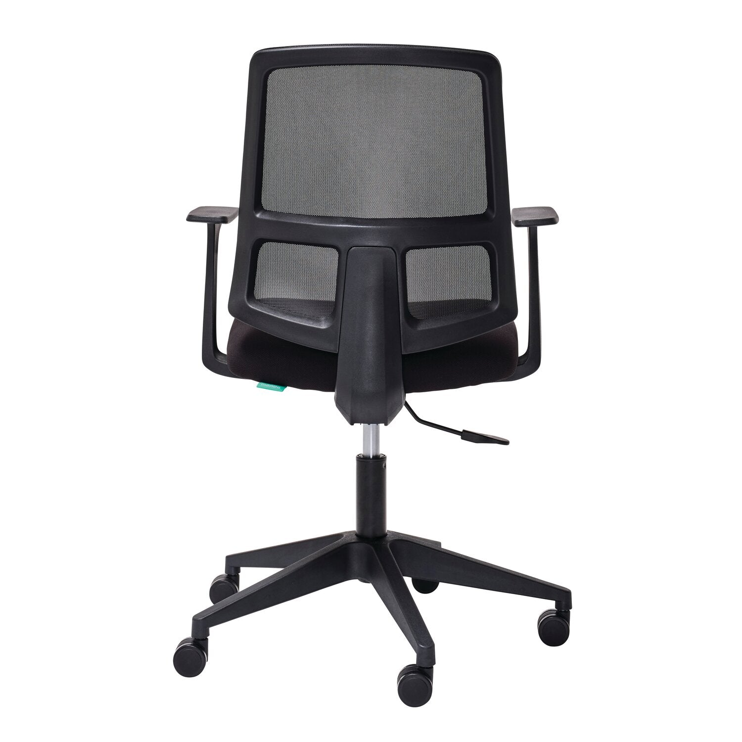 Detail view of Mondo Brook chair seat upholstery and mesh back weave in black
