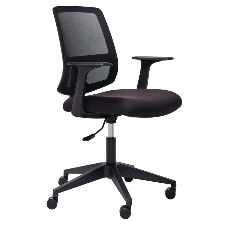 Front view of Mondo Brook mesh back office chair in black with fixed arms, foam seat and nylon five star base on white background