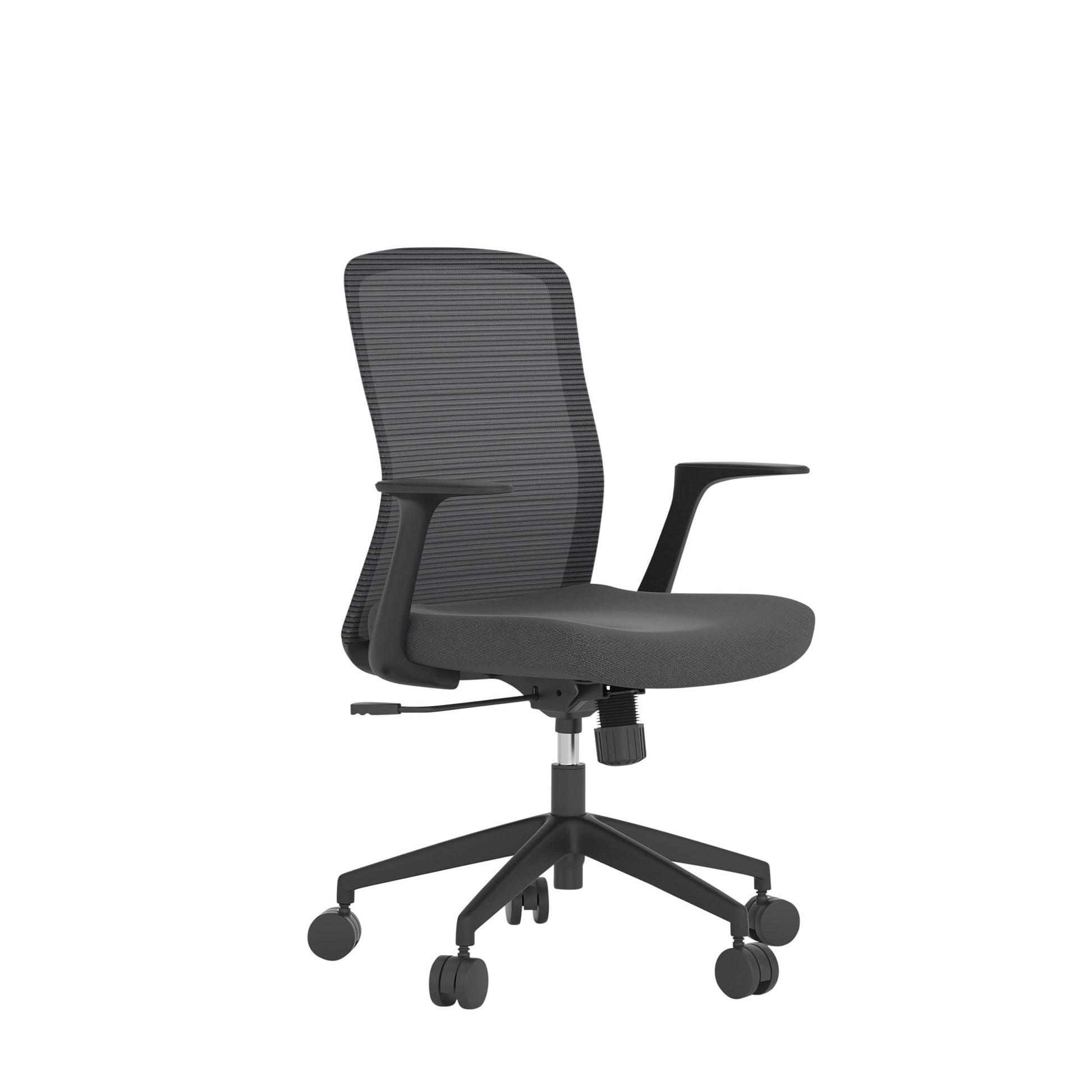 Front angle view of Mondo Fleet Chair Mesh Back with Arms Black against a white studio background