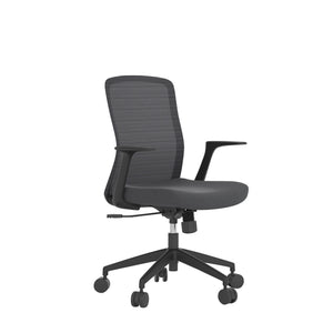 Mondo Fleet chair in black, front three quarter view showing the mesh back, fixed armrests and nylon 5 star base