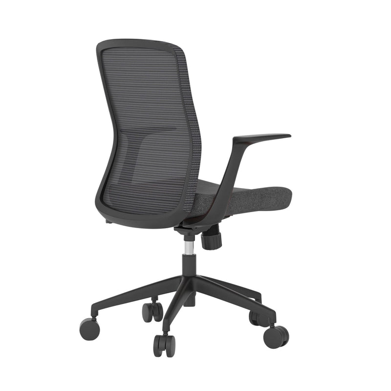 Alternate angle of Mondo Fleet Chair Mesh Back with Arms Black showing profile and construction detail