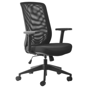 Mondo Gene chair with a black mesh back and arms, front three quarter view showing the seat lever and 5 star base